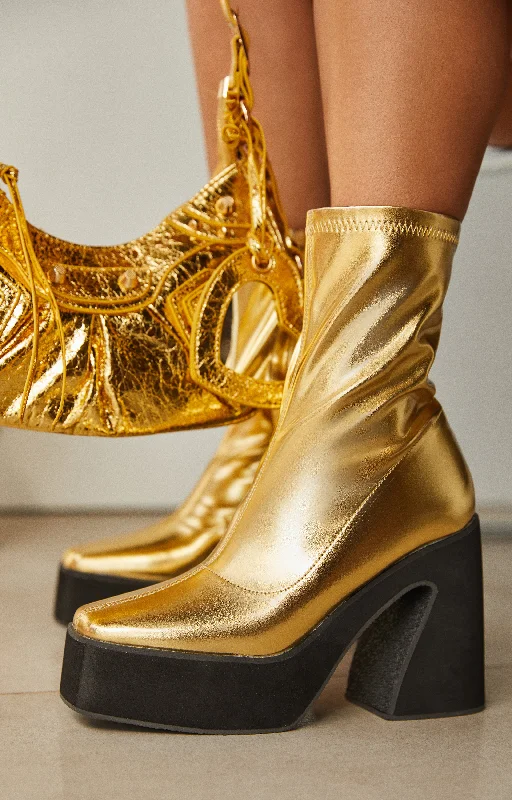 After Hours Block Heel Ankle Boots - Gold