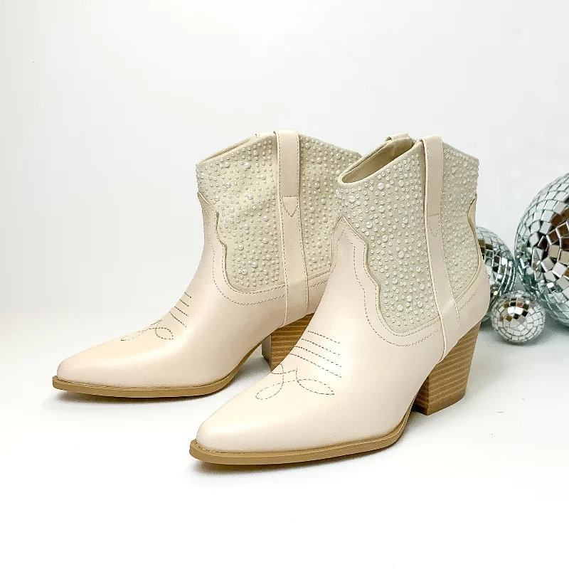 Runaway Bride Heeled Ankle Booties with White Pearl Embellishment in Ivory