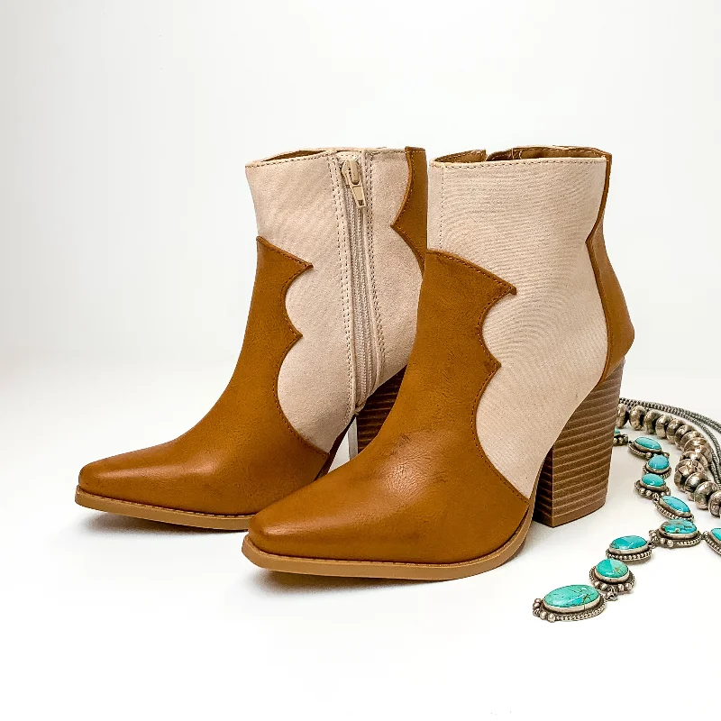 Closer to Home Two Tone Heeled Ankle Booties in Ivory and Whisky Brown