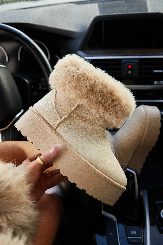 Morning Coffee Faux Fur Platform Booties - Nude