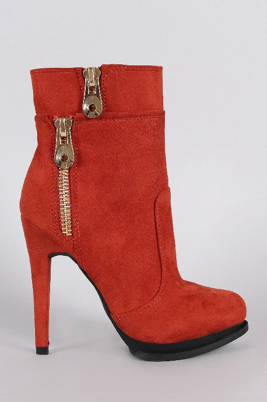 Suede Zipper Trim Almond Toe Heeled Booties