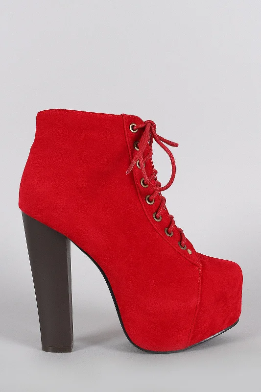 Vegan Suede Platform Chunky Heel Lace Up Booties