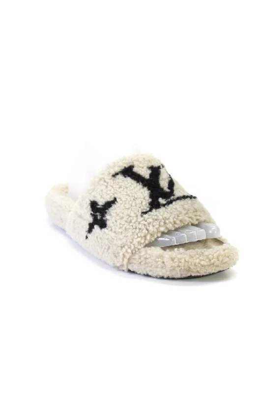 Price Cut Louis Vuitton Womens Monogram Sherpa Fur Bom Dia Slides Sandals Black Beige 38.5 8.5
