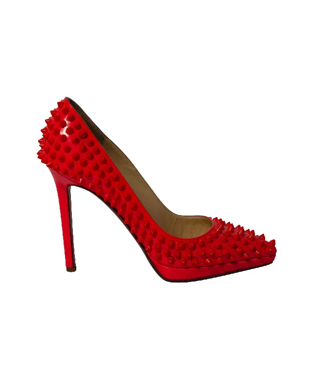 Christian Louboutin Pigalle Plato 120 Spiked Heels in Neon Red Patent Leather