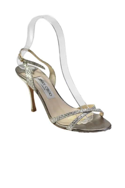 Jimmy Choo Womens Metallic Leather Open Toe Slingback Heels Silver