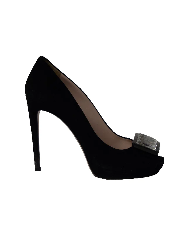 Miu Miu Crystal Embellished Peep Toe Platform Pumps in Black Suede