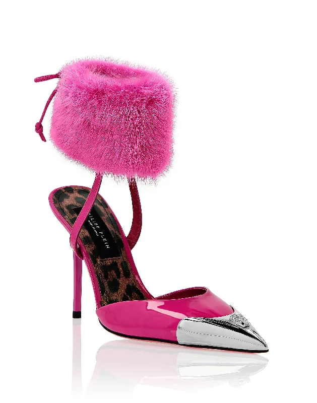 Patent Leather & Real Fur Decollete Mid-Heels Crystal Skull